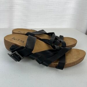 Korks Slide Sandals Womens 10M Black Faux Leather Buckle‎ Low Wedge Heel Summer